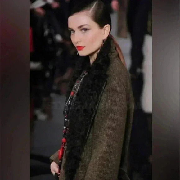 Ralph Lauren Collection Purple Label Wool Coat Shearling Fur Collar Trench Tweed - Picture 5 of 16